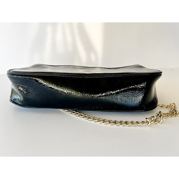 Anne Klein Quilted Black Patent Leather Gold Chain Handbag Purse Green Lining - Picture 4 of 4